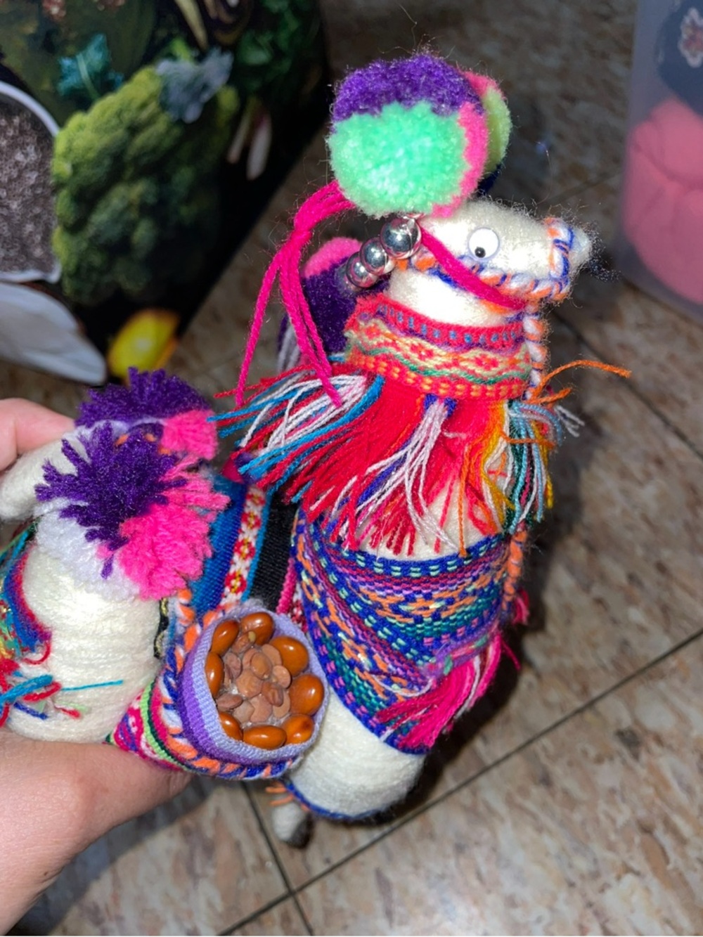 Handmade Peruvian Wool Llama with Colorful Pom-Poms - Picture 2 of 5